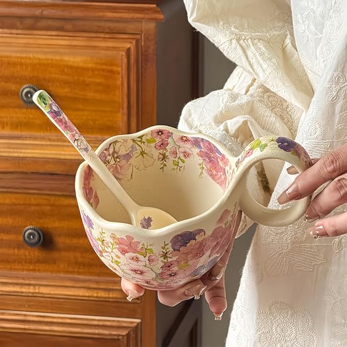 16.91oz/500ml Handpainted Soup Bowl with Handle,Ceramic Cereal Bowl Microwave & Dishwasher Safe,Loop Handle Bowl Great for Soup,Yogurt,Snack,Chip,Stew,Ice Cream,Coffee (Hollyhock-Yellow)