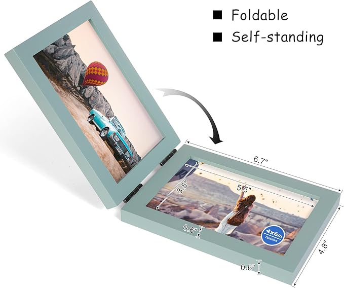 4x6 Double Horizontal Hinged Picture Frame Folding Photo Frame in Teal Blue Pine Wood with Real Glass for Tabletop P-LAN-2H46