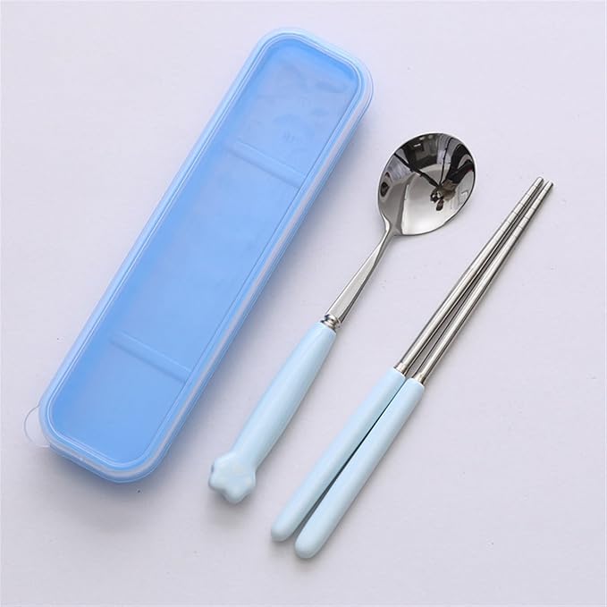 Cute Silverware Set, Cat Paw Ceramic Handle Dinnerware Set Flatware Kitchen Accessories Camping Travel Sets Fork Spoon Chopstick Portable Cutlery Sets with Case, Black Pink Blue Yellow Green