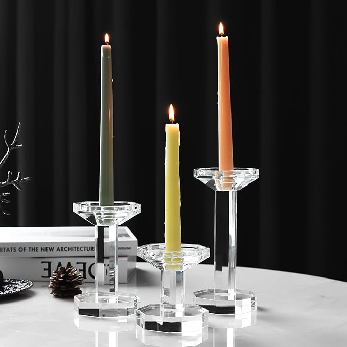 kitCom Crystal Candle Holders Set of 3, Crystal Candlestick Holders for Taper, Long Candles - Home Decoration, Wedding, Housewarming and Graduation Gifts