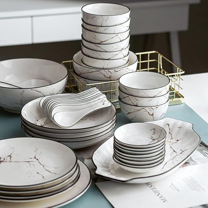 Plate Set – Kitchen Tableware Set,Ceramics Bowl and Plate Set 52-Piece Glaze Dinnerware Set, Suitable for Hotel Dinners and Family Banquet