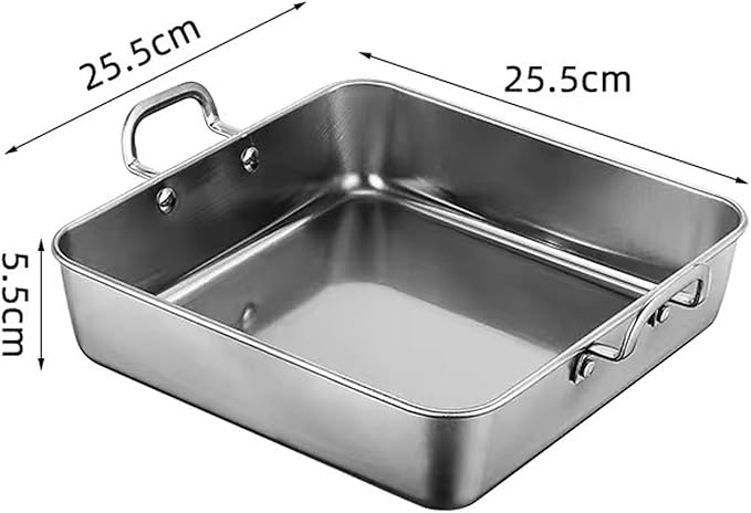 Generic Snack Tray Fries Plate with Handles Square Stainless Steel Serving Tray Baking Tray for Meat Roasting Turkey Roasting Chicken, Silver, 25x25cm