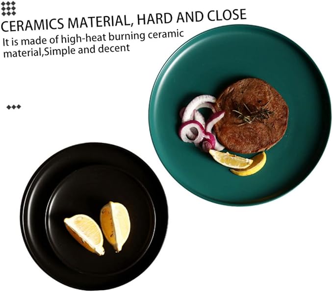 KICHOUSE Dark Green Ceramic Steak Plate 8 Inch Round Food Serving Plate Microwave Safe Tableware for Western Cuisine for Dinner Parties and Everyday Use