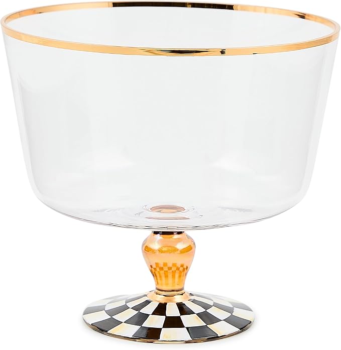 MACKENZIE-CHILDS Glass Trifle Bowl, Decorative Serving Bowl, 18-Cup Capacity, Black-and-White Courtly Check