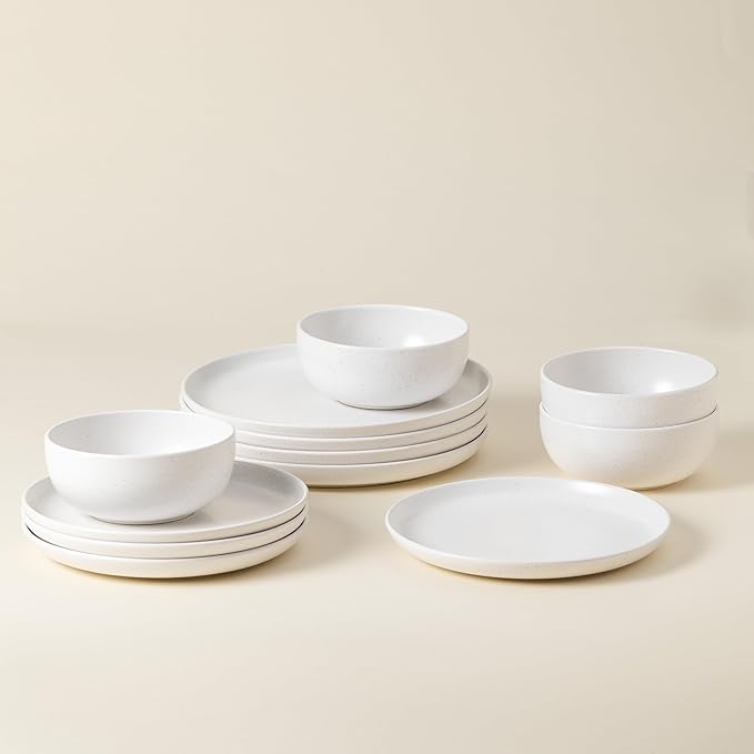 Casafina Ceramic Stoneware 12-Piece Place Setting Service for 4, Pacifica Collection, Salt White | Microwave & Dishwasher Safe Dinnerware Set | Food Safe Glazing | Restaurant Quality Tableware
