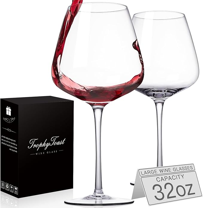 Extra Large 32oz Wine Glasses Set of 2 - Hand Blown Red Wine Glasses With Long Stem - Crystal Giant Burgundy Red Wine Glasses Clearer, Thin, Gift Packaging for Mothers Day, Wedding
