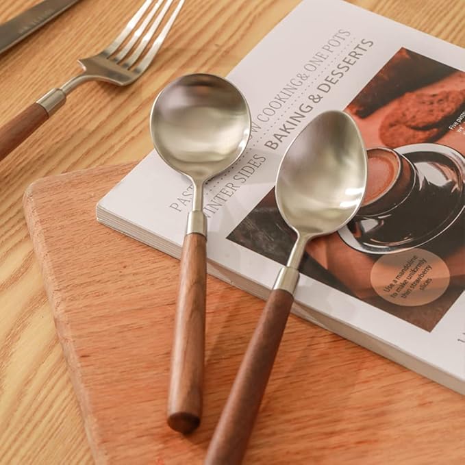 Wood Silverware Set for 16 Wooden Flatware Cutlery Utensils Set 18/10 Stainless Steel Walnut Handle 64 Piece Include Knives Forks and Spoons Tableware Set for Home Kitchen Wedding Restaurant