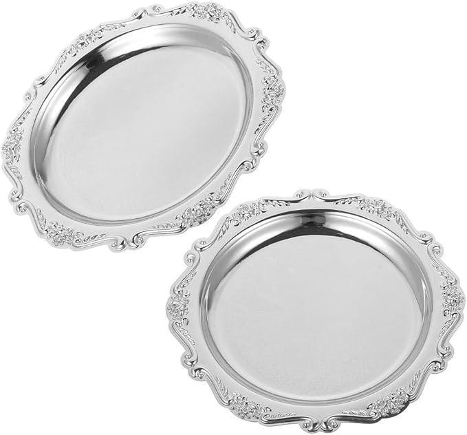 VILLCASE 2 Pack Small Silver Serving Tray, 5. 9 Inch Vintage Round Iron Display Plate for Desserts, Antique Style Decorative Jewelry Dish for Vanity, Wedding Centerpiece and Tea Party (Silver)