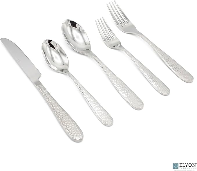 Elyon Carroll Hammered 20-Piece Reflective Silver Flatware Set, Stainless Steel, Service For 4