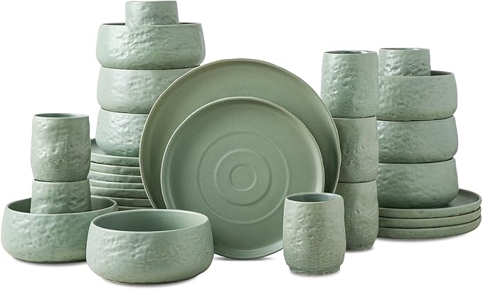 Stone by Mercer Project SHOSAI 32-Piece Stoneware Dinnerware Set, Plates and Bowls Set, Modern Dishware set fo 8, Sage