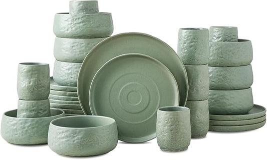 Stone by Mercer Project SHOSAI 32-Piece Stoneware Dinnerware Set, Plates and Bowls Set, Modern Dishware set fo 8, Sage