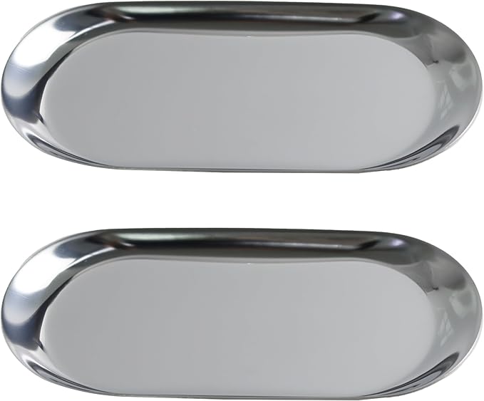 2Pcs 7x3.3inch Stainless Steel Decorative Trays, Oval Jewelry Dish Cosmetics Organizer, Silver Serving Platter for Bathroom Vanity Dresser Storage