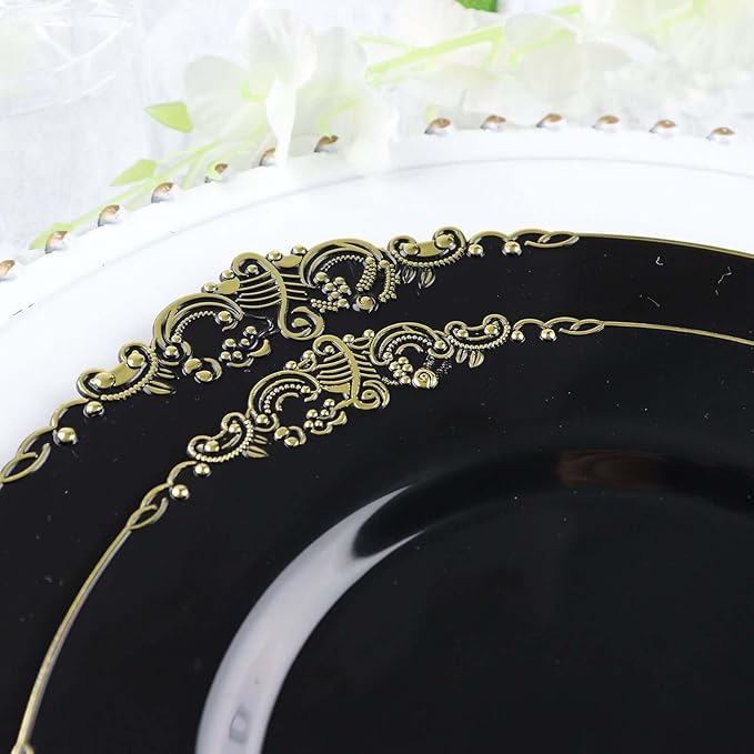 10" Dinner Plates -Set of 30 - Plastic Black Round Baroque Disposable Chargers Leaf Embossed Rim, Ideal for Dinner Party Wedding Bulk Events