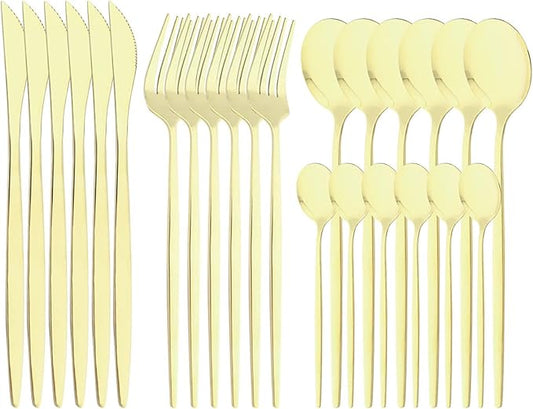 24-Piece Mirror Champagne Gold Flatware, 18/0 Stainless Steel Dinnerware Set Include Knife Fork Spoon Teaspoon Cutlery Set For Home Restaurant Party Service For 6, Dishwasher Safe