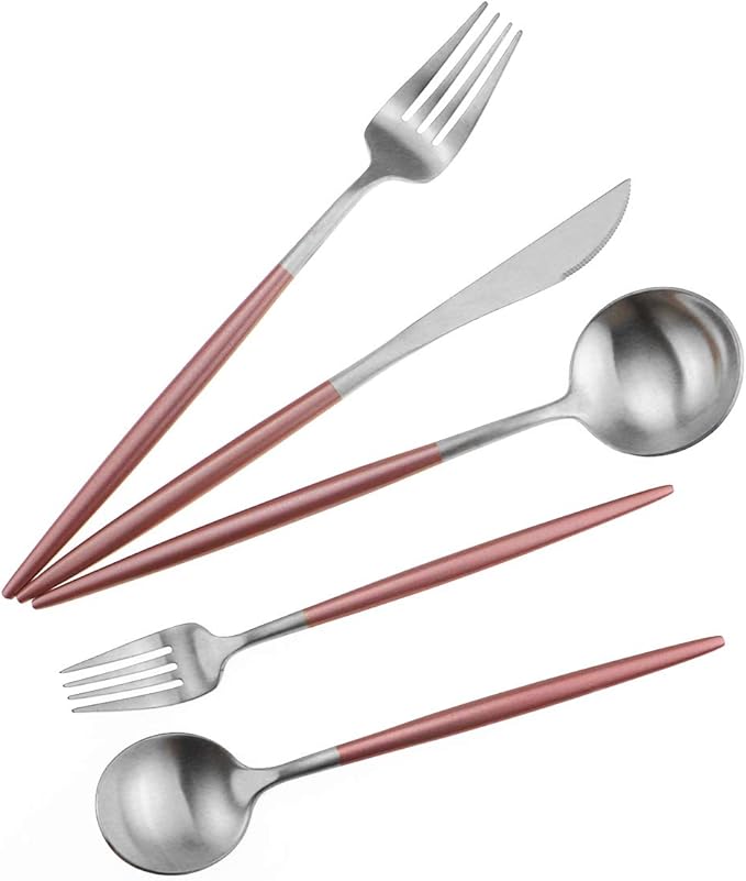 Gugrida Luxury Flatware, Royal 5 Piece Matte Pink Handle 18/10 Stainless Steel Tableware Sets for 1 Including Forks Spoons Knives, Camping Silverware Travel Utensils Set Cutlery (Pink Silver)