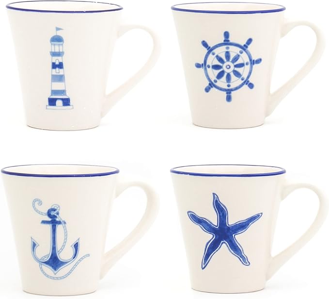 Euro Ceramica Ahoy Collection Nautical 12 Piece Dessert Set | Service for 4 | Assorted Designs, Blue & White,Standard,AHO-86001