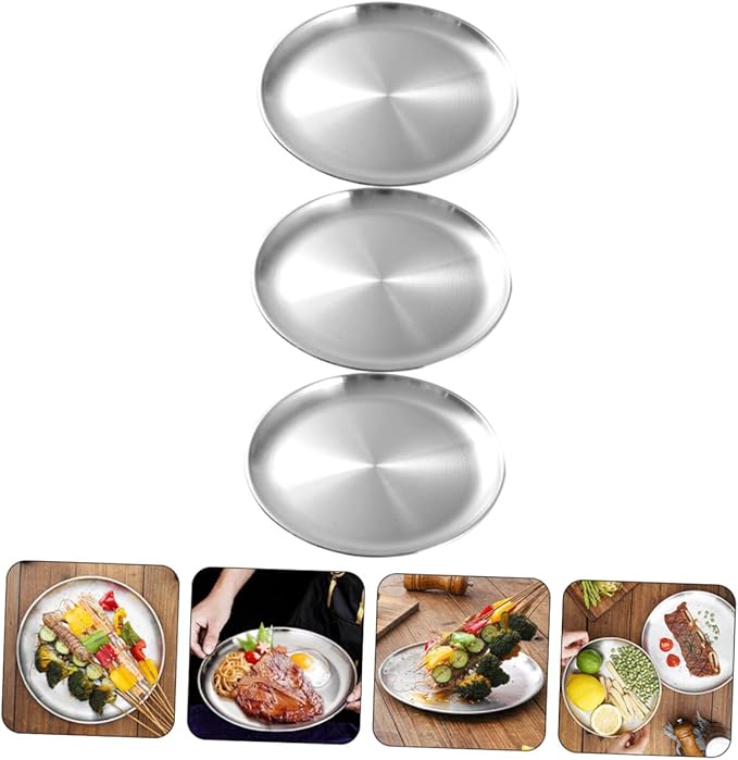 Mobestech 3 Pcs Stainless Steel Plate Divided Outdoors Buffet Dinner Trays Dining Trays for Serving Food Round Unbreakable Platters Camping Servers Dinner Plates Grilling Serving Tray Silver