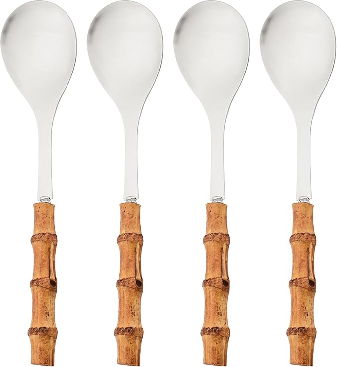 4PCS Serving Spoon, 18/10 Stianless Steel Silver Resuable Serving Utensils With Bamboo Handle, Buffet Banquet Dinner Spoons, 10-inch