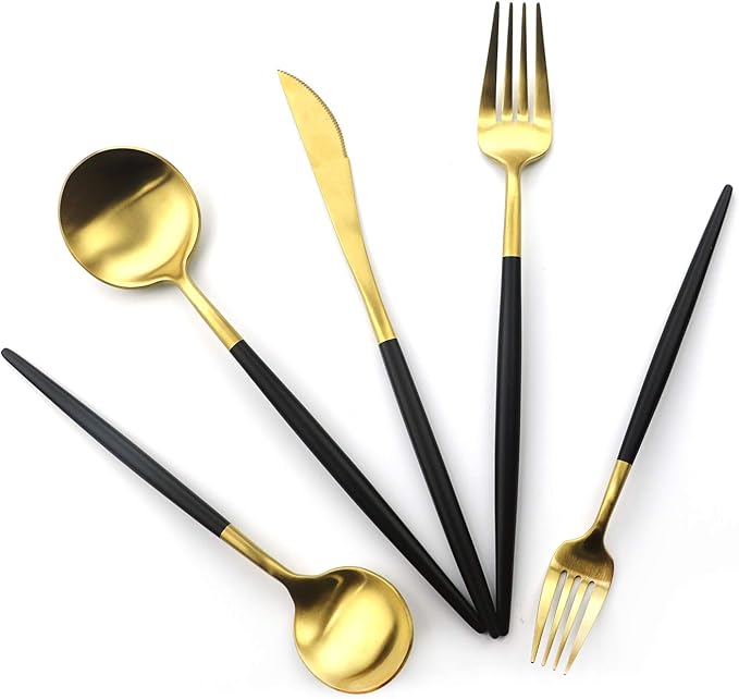 Gugrida Luxury Flatware, Royal 5 Piece Matte Black Handle 18/10 Stainless Steel Tableware Sets for 1 Including Forks Spoons Knives, Camping Silverware Travel Utensils Set Cutlery (Black Silver)