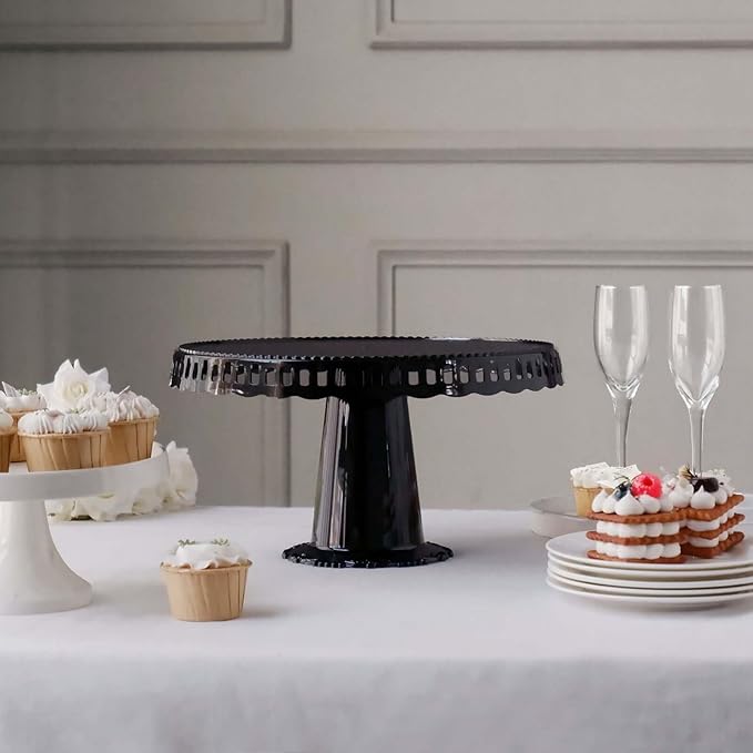 Efavormart 4 Pack | 13" Black Round Pedestal Footed Reusable Plastic Cupcake Stands with Interchangeable Ribbon Trim Edge
