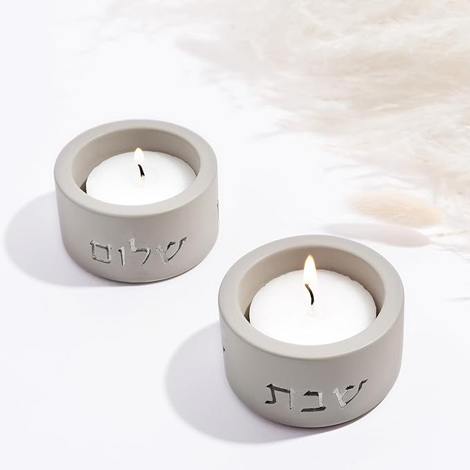 SURI Shabbat Candle Holders Set – Modern Judaica Shabbat Candlesticks for Tea Lights – Concrete Shabbos Candles Holders, Dripless Design – Jewish Gift & Home Decor