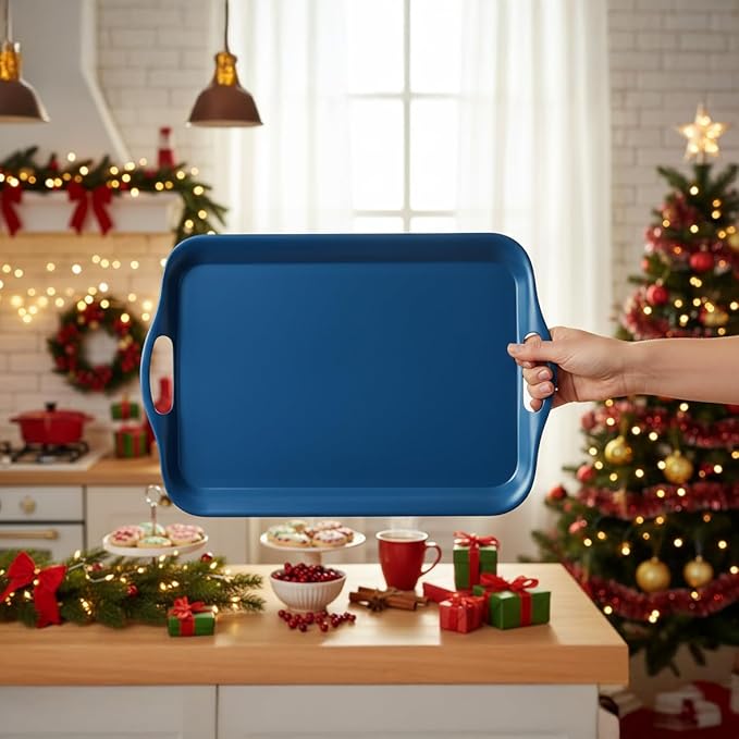 KINGEN 2-Pack Navy Blue Bamboo Fiber Serving Trays - 18×13-inch Extra Large w/Handles Tray, Platters for 4th of July, Christmas, BBQ, Picnic, Outdoor Dining - Durable, Lightweight (Classic Blue)