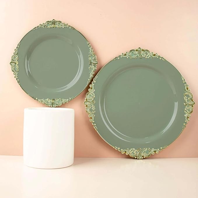 8" Salad Plates -Set of 10 - Plastic Dusty Sage Green Round Baroque Disposable Chargers Leaf Embossed Rim, Ideal for Dinner Party Wedding Bulk Events