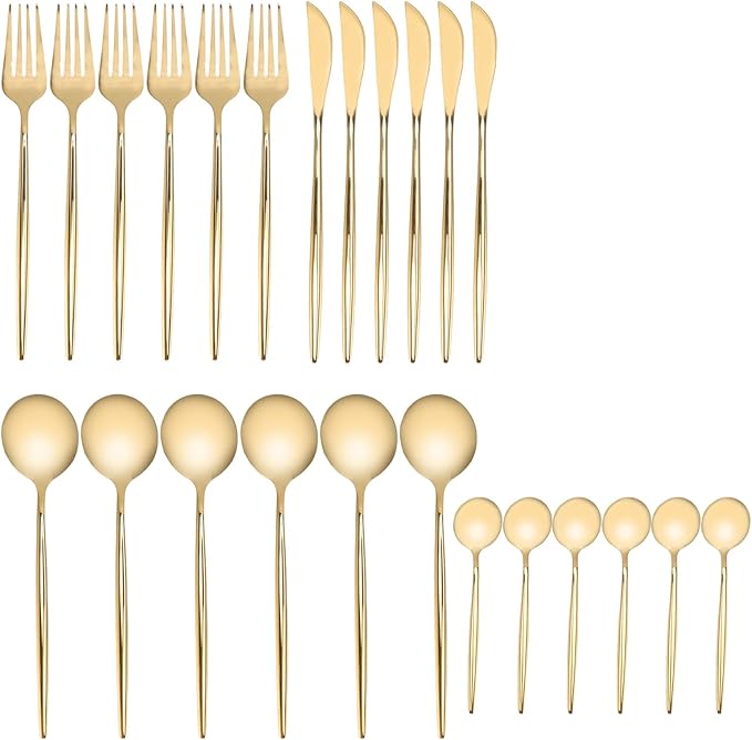 24Pcs Gold Silverware Set,Flatware Serving Sets Knife Fork Spoon Rustproof Stainless Steel Cutlery for Home Party Wedding Banquets