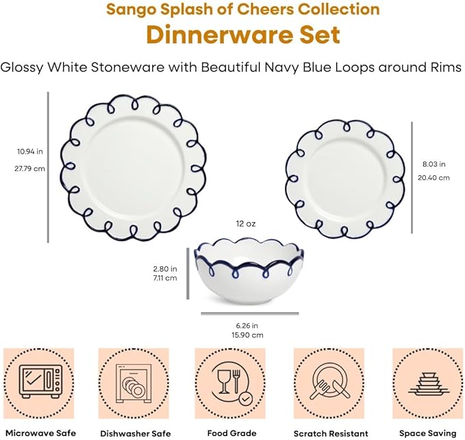 Sango 12-Piece Earthenware Dinnerware Set for 4, Glossy White Plates and Bowls Sets with Navy Scalloped Rims, Premium Dish Set, Holiday Dishes for Gifting & Hosting Christmas Party, Splash of Cheers