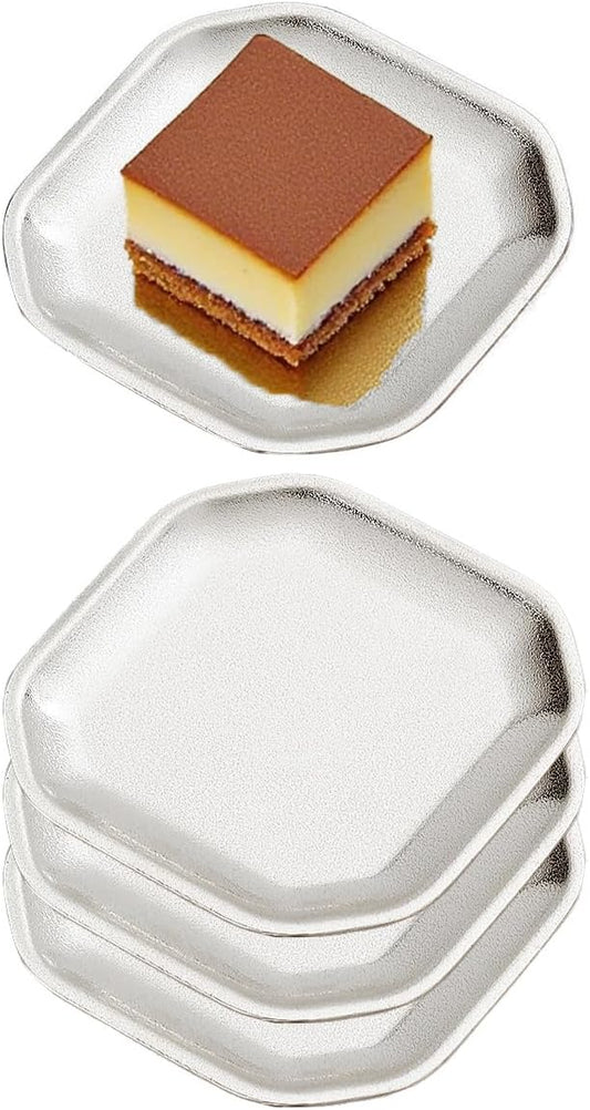 SANQIAHOME 4.7x4.7 inch square Appetizer Plates,thick stainless steel Dinner Plates, Pasta Dessert Plates for Sushi, Fruit oven/Dishwasher Safe, Set of 4,silver