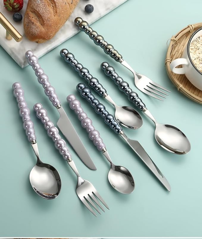 Silverware Set, 2/8/12/16/20/24pcs Retro Light Luxury Ceramic Pearl Handle 304 Stainless Steel Knife, Fork And Spoon Tableware Set, Home Cutlery Flatware Set(White,12 Pieces for 6)
