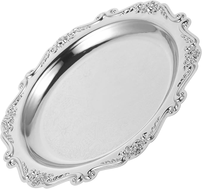 OUNONA Vintage Wrought Iron Snack Serving Tray Silver Dessert Platter for Home Parties Multifunctional Jewelry Dish Holder Elegant Fruit and Appetizer Plate