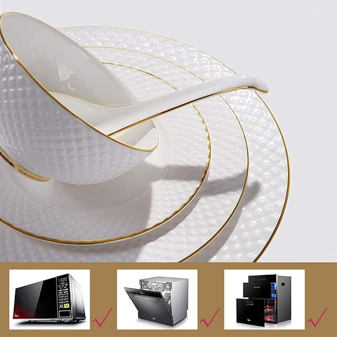 Ceramic Tableware Set, Bowls/Plates/pots/Spoons | Exquisite White Porcelain Set with Gold Embossed Design, 49 Pieces.,