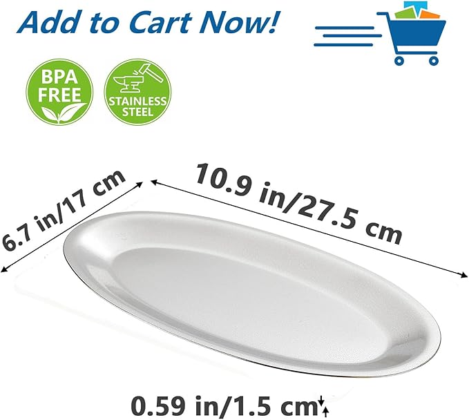 SANQIAHOME 10.9x6.7 Inch Thick Stainless Steel Dinner Plate 2-Piece Set, Egg-Shaped Appetizer Plate,Silver