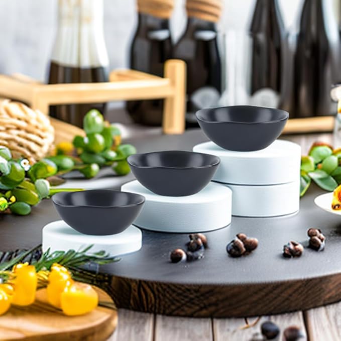 Matte Ceramic Dipping Sauce Dishes,Black Sushi Soy Sauce Dipping Bowls Appetizer Plates with Irregular Edge Side Dish for Kitchen Home Housewarming (Black)