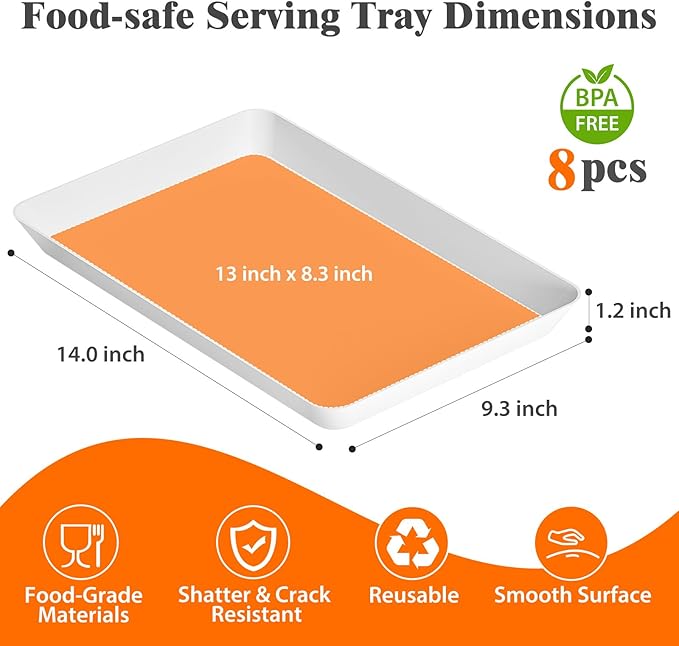 8-Pack Serving Tray Set, Reusable Plastic Serving Platter for Party Supplies, Entertaining, Grilling Accessories, Stackable Kitchen Snack Box Container for Dessert, Fruit, Cookie, (White)