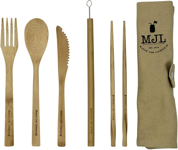 Travel Bamboo Utensil | Flatware | Cutlery Set With Cotton Carrying Case by Mason Jar Lifestyle