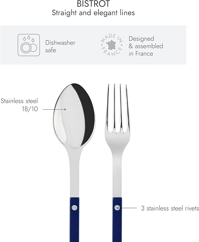 SABRE PARIS - 2-Piece Serving Set - Bistrot Collection - Large Fork & Large Spoon - Stainless Steel & Nylon - Dishwasher Safe - Navy Blue - Brilliant Finish