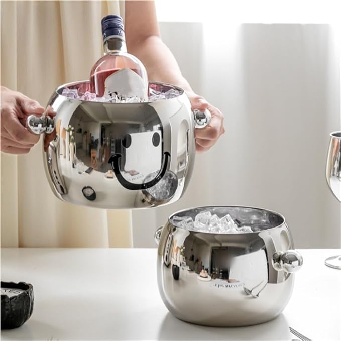 Stainless Steel Ice Bucket with Round Bead Handles, Creative Ice Bucket for Parties, Modern Drink Chiller Suitable for Bar, Home, Large Capacity(D)