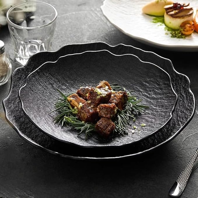 Kitchen Plates 9-inch Black And White Ceramic Household Japanese Soup Bowl Dinner Plate, Appetizer Dessert Serving Tableware Suitable For Kitchen Hotel Restaurant Restaurant Plates(B,11 in)