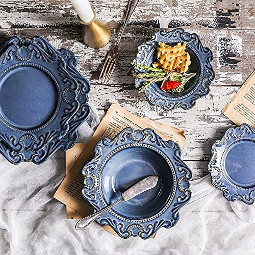 Cutlery Set Retro Ceramic Tableware Dishes Set European Relief Western Dinnerware Dish Salad Bowl Soup Noodles Bowl Dinnerware Series (Color : Blue Size : Style4) (Blue Style4) (Blue Style1)