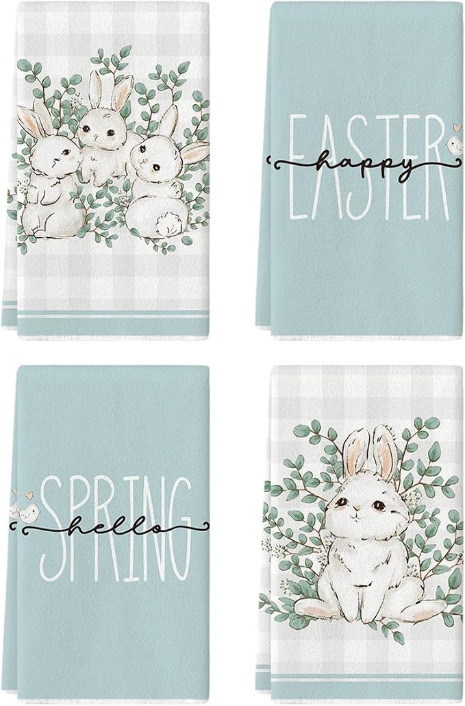 Artoid Mode Buffalo Plaid Bunny Rabbit Eucalyptus Leaves Happy Easter Kitchen Towels Dish Towels, 18x26 Inch Seasonal Spring Decoration Hand Towels Set of 4