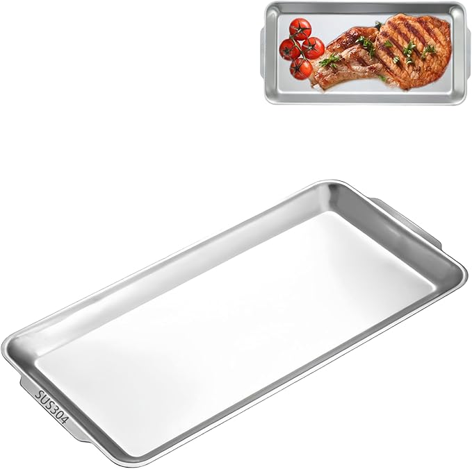 304 Stainless Steel Serving Tray, 12.7" Rectangle Silver Platter, Metal Serving Tray with Handles, Decorative Organizer Trays for BBQ,Party,Buffet,Coffee, Appetizer