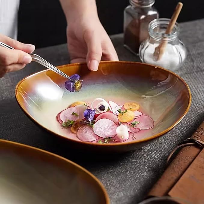SONGCHAO Party Supplies Creative Kiln Color Changing Plate Home Oval Dish Plate Ceramic Deep Soup Plate Salad Plate Restaurant Plate Party Plates (Color : 8.8inch)