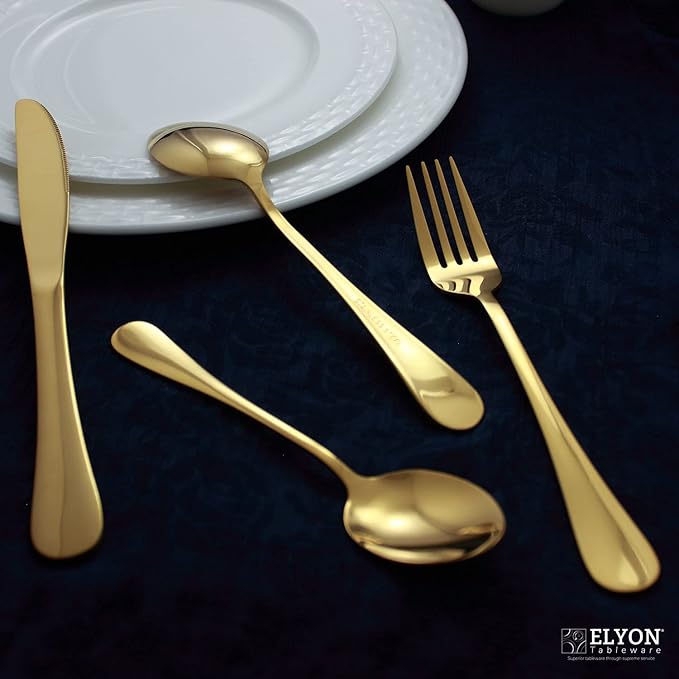 Elyon Tableware 32-Piece Reflective Gold Flatware Set, Stainless Steel, Service For 8
