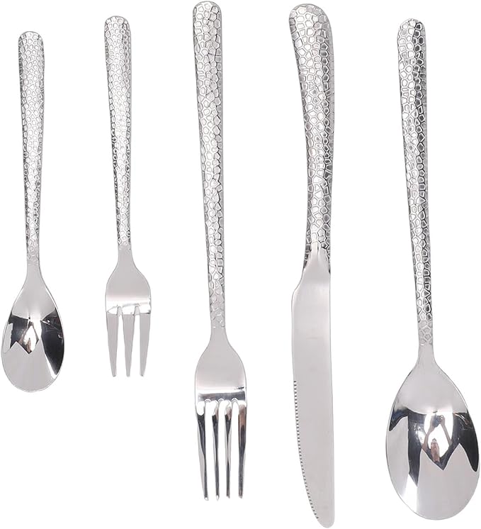 Zerodis Hammered Silverware Set for 4, Serving Sets Cutlery Set Include Forks and Spoons Knives Flatware for Home, Party, Wedding, Mirror Polished Dishwasher Safe Hammered Silverware (Silver)