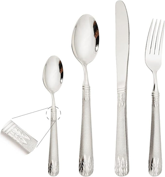 JASHII 304 Stainless Steel Hammered Silverware Set with Wheat Spike Pattern, Modern Eating Tableware Flatware Set, Service for 6. Flat Handle, Dishwasher Safe - Shiny Silver