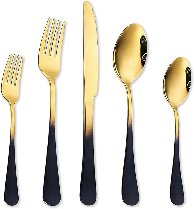 Black Silverware Set for 8 Modern 40 Piece Flatware Set 18/10 Stainless Steel Unique Black Gradual Change Gold Cutlery Utensils Sets for Home Kitchen Restaurant Tableware Set Mirror Polished