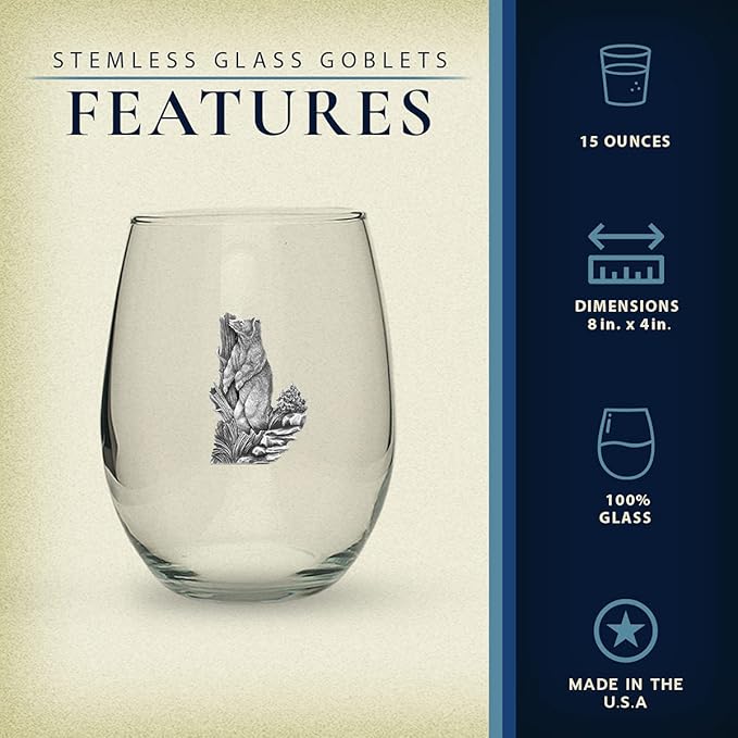 Heritage Pewter Black Bear Stemless Glass Goblets – Set of 2 | 15 OZ Goblet Wine Glasses | Expertly Crafted Pewter Glass