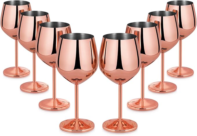 Lifecapido Stainless Steel Stem Wine Glasses Set of 8, 18oz Copper Wine Glasses, Stainless Steel Wine Goblets with Cup Brush for Party Office Wedding Anniversary, Great for Red White Wine(Rose Gold)